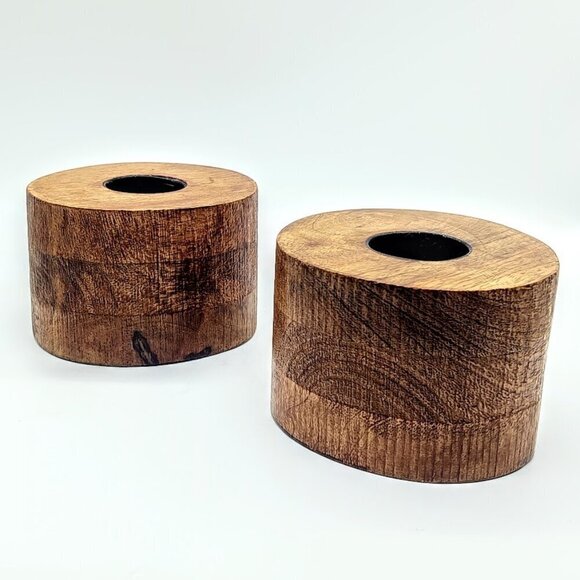 Vintage Ruff Hewn Round Wood Block Tea Light Candle Holders